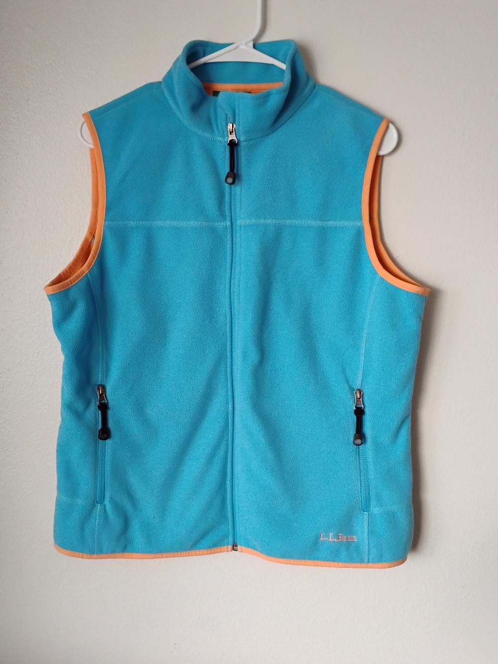 L.L. Bean Turquoise Fleece Zip Vest with Orange Trim
